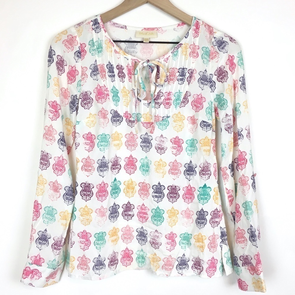 MODCLOTH Blouse Multi Color Long Sleeve Roll Tab Rainbow Boho Tie Neck Size XXS